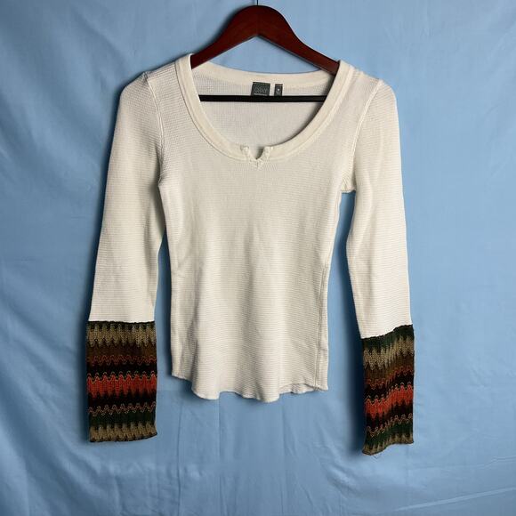 Saks Fifth Avenue Gray Waffle Knit Pure cotton V Neck Thermal Henley Med Beige - Picture 2 of 10